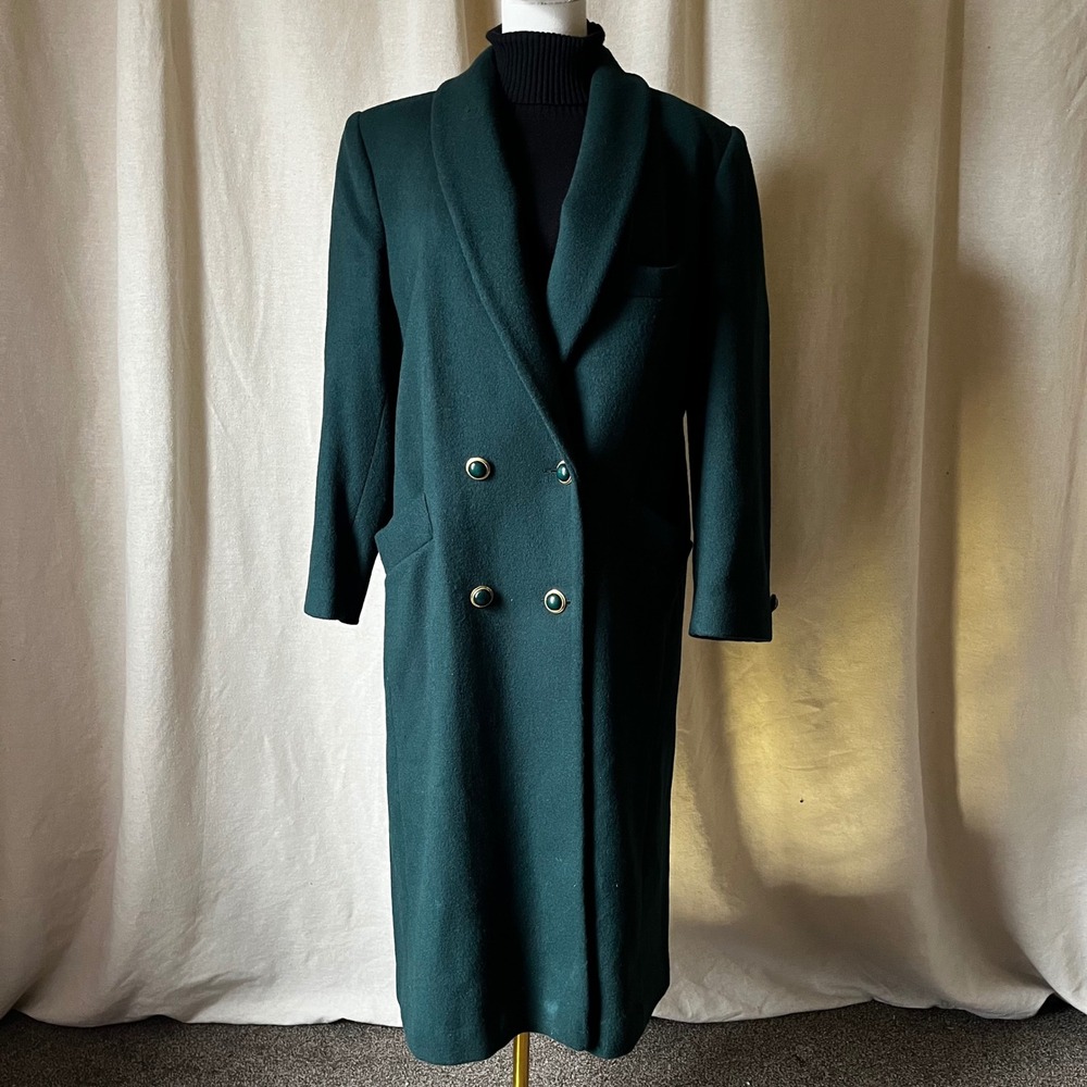 Herman Kay Petite Green‎ Wool Coat Sz 8P Double Breasted Vintage 90s